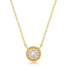 Sterling Silver, Round CZ Rope Design Border Necklace - Gold Plated