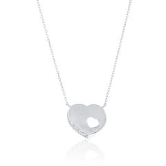 Sterling Silver, Matte Heart, CZ Outline Necklace