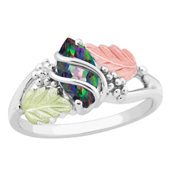 Black Hills Gold & Silver Ladies Mystic Fire Ring, Silver Ring with Grape Clusters, Caged 10x5MM Genuine Mystic Fire Topaz and (2) 12K Green and Rose Leaves