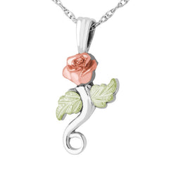 Black Hills Gold & Silver Ladies Rose Pendant; 10K Rose on Silver Stem with (2) 12K Green Leaves, on 18″ Silver Rhodium Chain