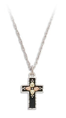 Black Hills Gold & Silver Ladies Antiqued Cross Pendant; Silver Antiqued Cross, accented with 12K Green & Rose Leaves, on 18″ Silver Rhodium Chain