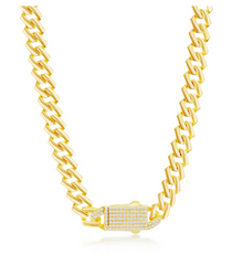 Sterling Silver 9mm Monaco Chain w/Micro Pave CZ Lock - Gold Plated