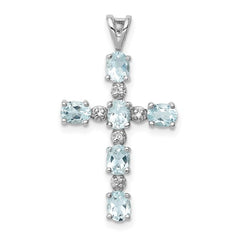 Sterling Silver Rhodium Plated Diamond and Aquamarine Cross Pendant
