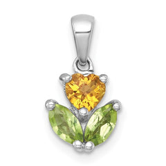 Sterling Silver Rhodium-plated Polished Heart Citrine and Peridot Flower Necklace