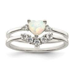 Sterling Silver CZ and Heart Created White Opal Double Band Ring