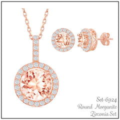 Sterling Silver Round Morganite CZ w/ White CZ Border Necklace and Earrings Set - Rose Gold Plated