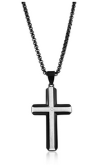 Stainless Steel Sand Blasted, Single CZ Cross Necklace - Black Plated