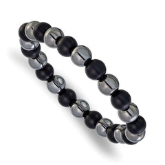 Stainless Steel Polished 8-8.25mm Agate and Hematite Beaded 6.25 in. Stretch Bracelet