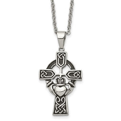 Stainless Steel Claddagh Cross Pendant w/ 20-inch Cable Chain Necklace