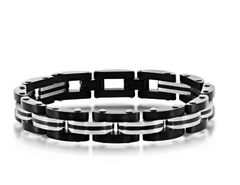 Stainless Steel Two-Toned Striped Link Bracelet - Black & Silver