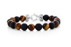 Stainless Steel, 10mm Alternating Genuine Bead Bracelet - Tiger Eye & Onyx