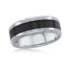 Silver Tungsten Ring W/ Black Carbon Fiber