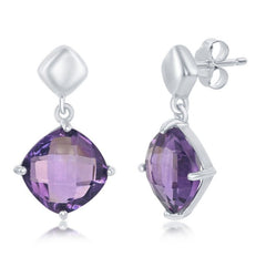 Sterling Silver, Four-Prong Square Cushion-Cut Gem Earrings - Amethyst