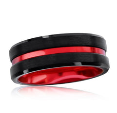 Black & Red Stripe Tungsten Ring - Matte & Polished