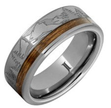 Rugged Tungsten™ Ring with Bourbon Barrel Inlay and Mountain Pine Forest Engraving