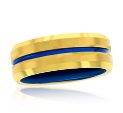 Gold & Blue Stripe Tungsten Ring - Matte & Polished