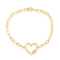 Sterling Silver, Heart w/CZ Rod Paperclip Bracelet - Gold Plated