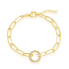 Sterling Silver, CZ Circle Paperclip Bracelet - Gold Plated
