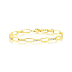 Sterling Silver, Alternating Paperclip Design & CZ Bracelet - Gold Plated