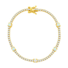 Sterling Silver, Round White Opal & CZ Tennis Bracelet - Gold Plated
