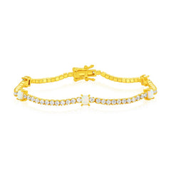 Sterling Silver, 4-Prong Rectangle Opal & CZ Bracelet - Gold Plated
