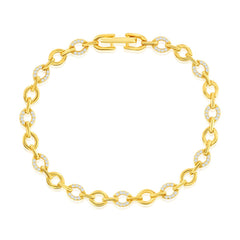 Sterling Silver, Polished & CZ Oval Link Bracelet - Gold Plated