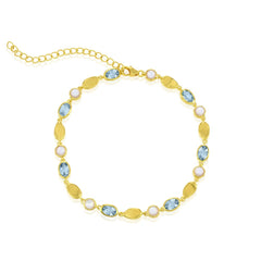 Sterling Silver, Round MOP & Oval Sky Blue Topaz Gem Bracelet - Gold Plated