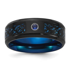 Chisel Titanium Polished Black and Blue IP-Plated with Blue CZ Carbon Fiber Inlay in Clear Epoxy 8mm Band