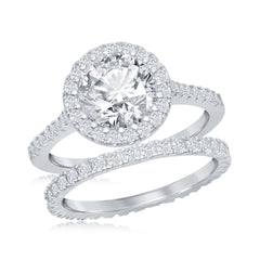 Sterling Silver, French Set Round Halo Eternity Band and CZ Engagement Ring Set