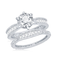 Sterling Silver, Six-Prong Baguette CZ Band Engagement Ring Set