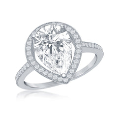 Sterling Silver, Large Pear shaped CZ Halo Engagement Ring