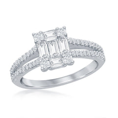 Sterling Silver, Baguette CZ Emerald-Cut Open Band Engagement Ring