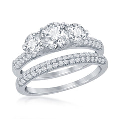 Sterling Silver, Three-Stone Half Micro Pave Band Engagement Ring Set