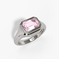 10k White Gold Emerald-cut Bezel Birthstone Pink Tourmaline Ring